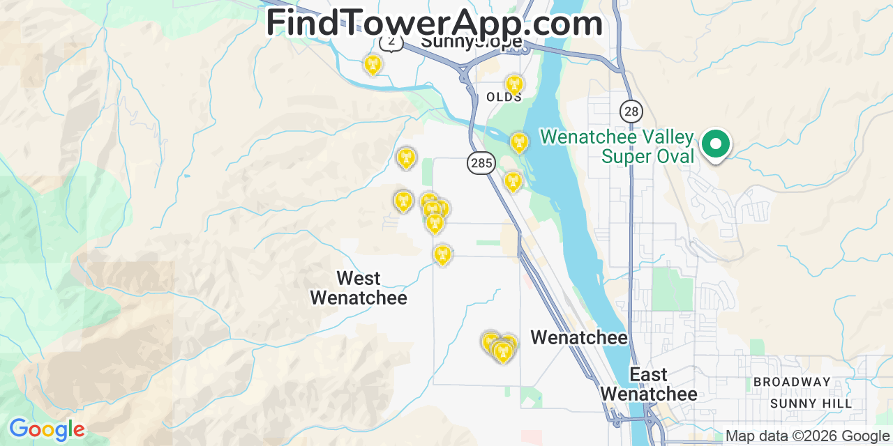 Map showing the 20 primary cell tower locations detected in West Wenatchee, Washington from AT&T, Verizon, and T-Mobile networks