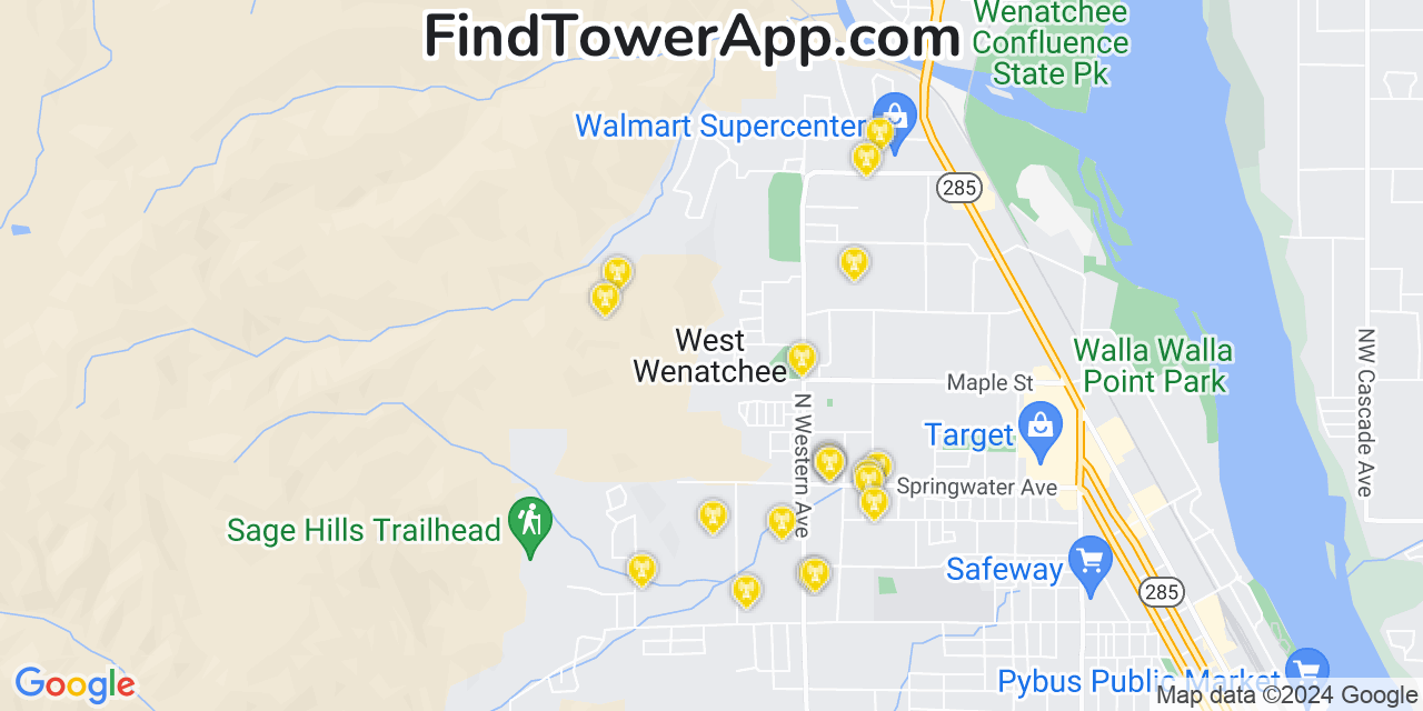 Verizon 4G/5G cell tower coverage map West Wenatchee, Washington