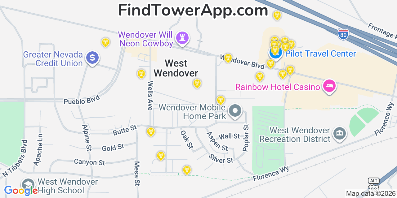 Map showing the 20 primary cell tower locations detected in West Wendover, Nevada from AT&T, Verizon, and T-Mobile networks