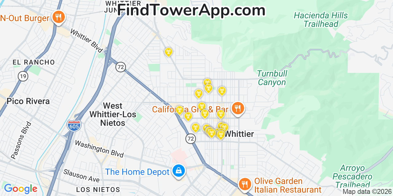 Map showing the 20 primary cell tower locations detected in West Whittier Los Nietos, California from AT&T, Verizon, and T-Mobile networks