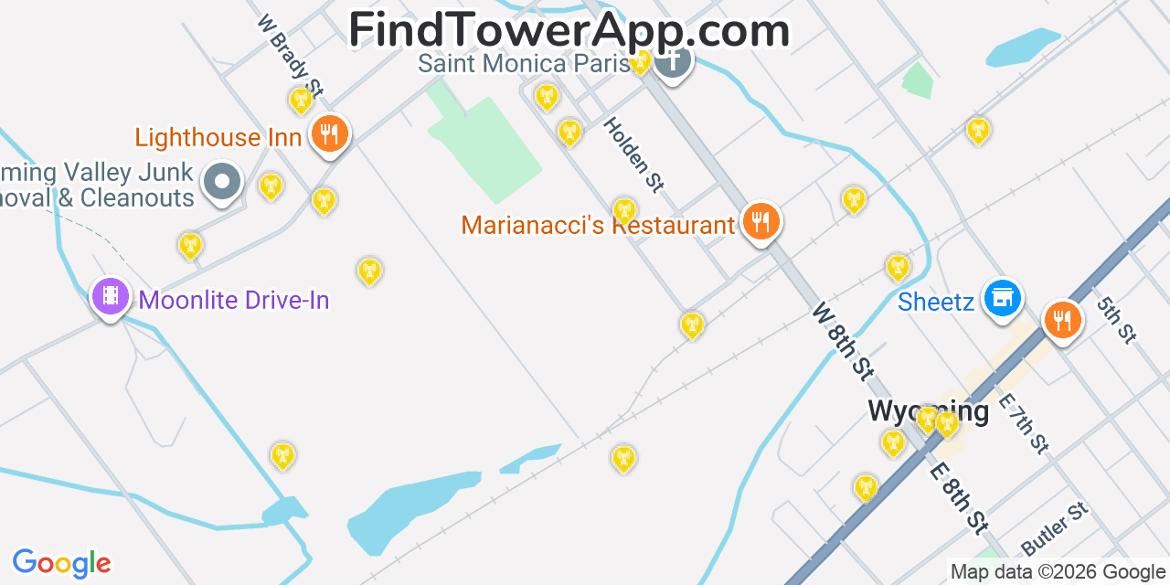 Map showing the 20 primary cell tower locations detected in West Wyoming, Pennsylvania from AT&T, Verizon, and T-Mobile networks