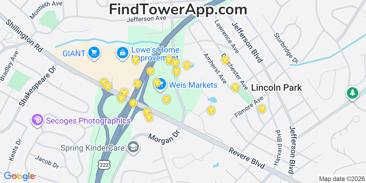 Map showing the 20 primary cell tower locations detected in West Wyomissing, Pennsylvania from AT&T, Verizon, and T-Mobile networks