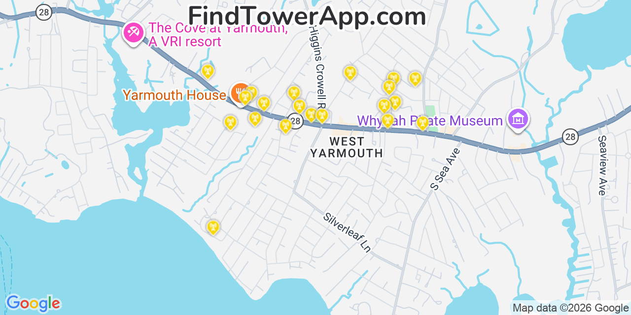 Map showing the 20 primary cell tower locations detected in West Yarmouth, Massachusetts from AT&T, Verizon, and T-Mobile networks