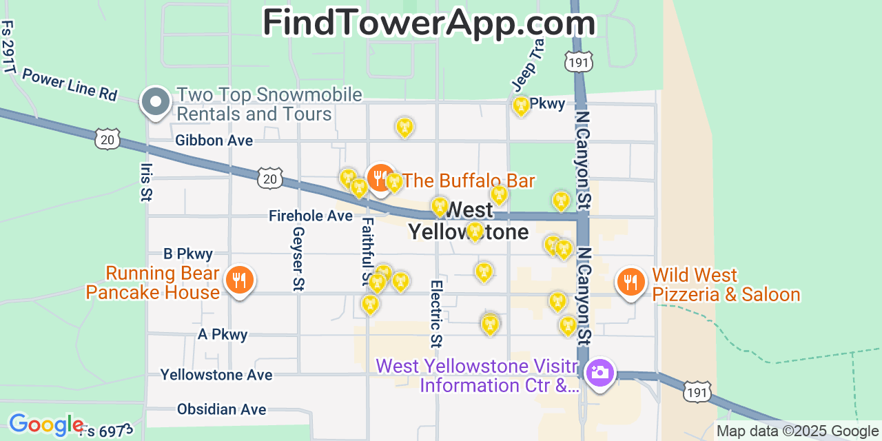 Map showing the 20 primary cell tower locations detected in West Yellowstone, Montana from AT&T, Verizon, and T-Mobile networks