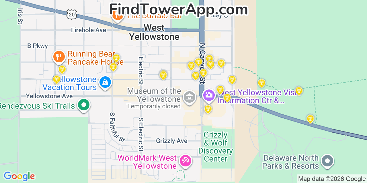 Map showing the 20 primary cell tower locations detected in West Yellowstone, Montana from AT&T, Verizon, and T-Mobile networks