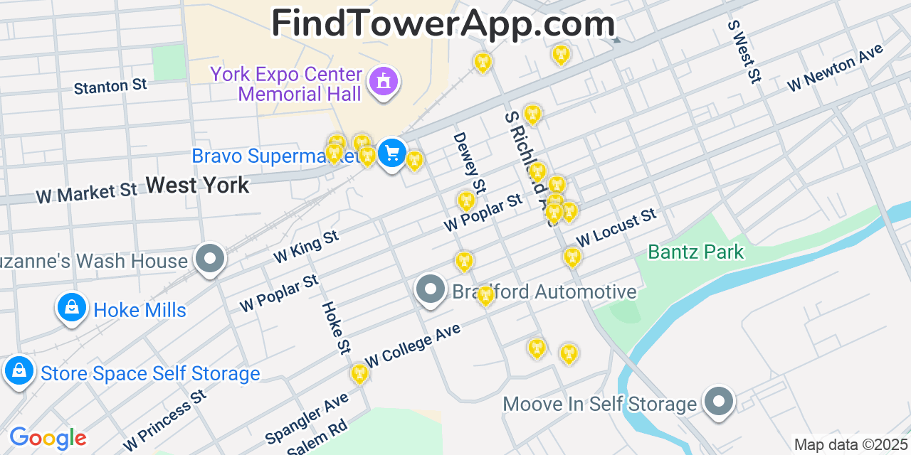 Map showing the 20 primary cell tower locations detected in West York, Pennsylvania from AT&T, Verizon, and T-Mobile networks
