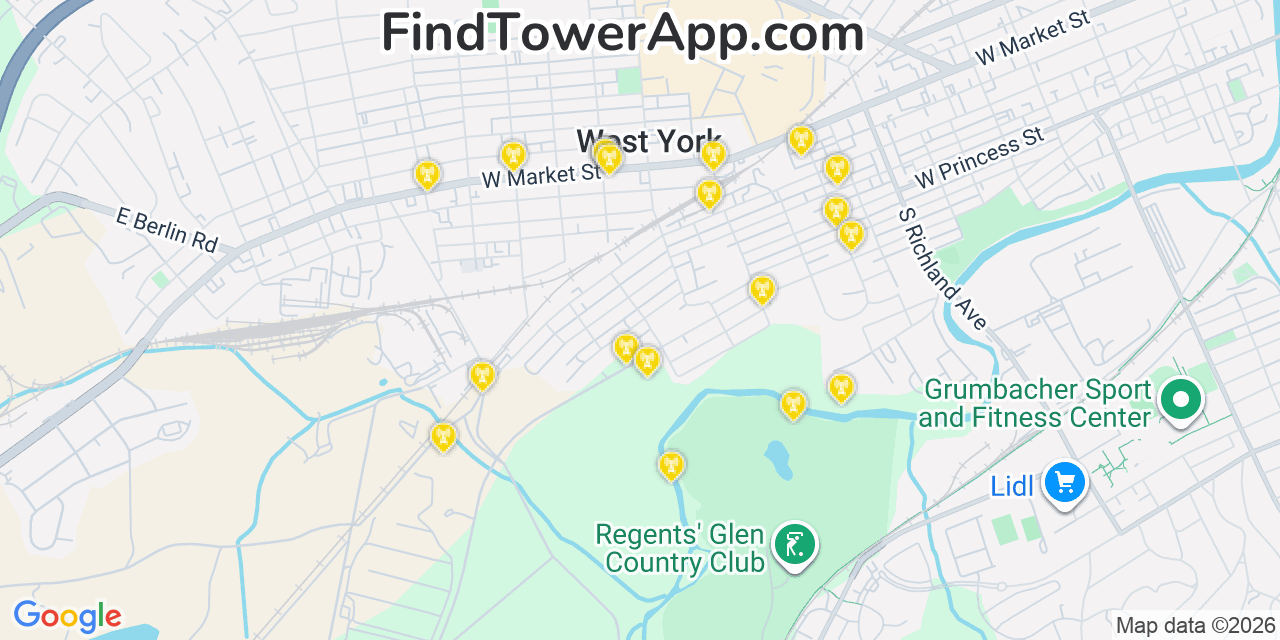 Map showing the 20 primary cell tower locations detected in West York, Pennsylvania from AT&T, Verizon, and T-Mobile networks