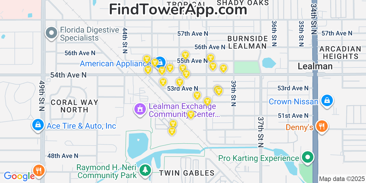 Map showing the 20 primary cell tower locations detected in West and East Lealman, Florida from AT&T, Verizon, and T-Mobile networks