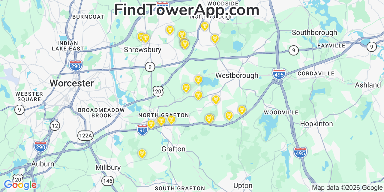 Map showing the 23 primary AT&T cell tower locations detected in Westbarnstable, Massachusetts with coverage radius and signal strength indicators
