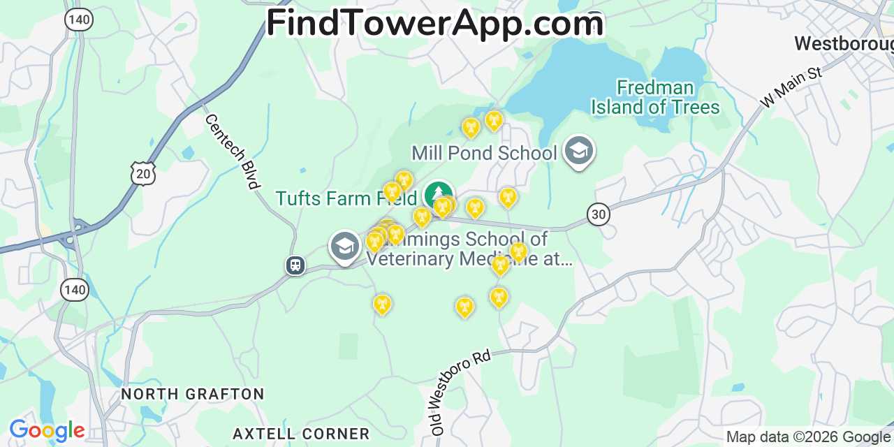 Map showing the 20 primary cell tower locations detected in Westbarnstable, Massachusetts from AT&T, Verizon, and T-Mobile networks