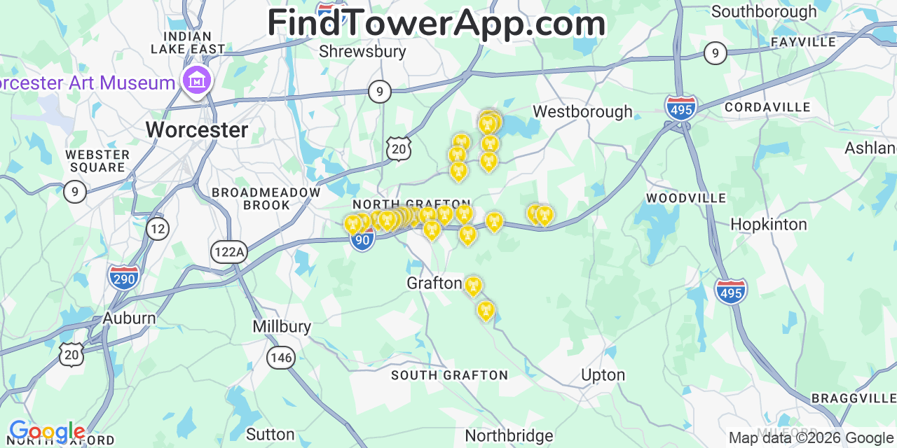 Map showing the 29 primary T-Mobile cell tower locations detected in Westbarnstable, Massachusetts with coverage radius and signal strength indicators