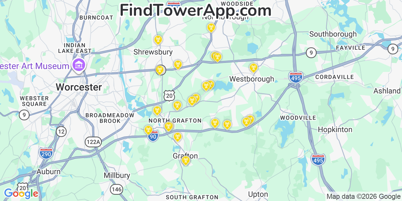 Map showing the 23 primary Verizon cell tower locations detected in Westbarnstable, Massachusetts with coverage radius and signal strength indicators
