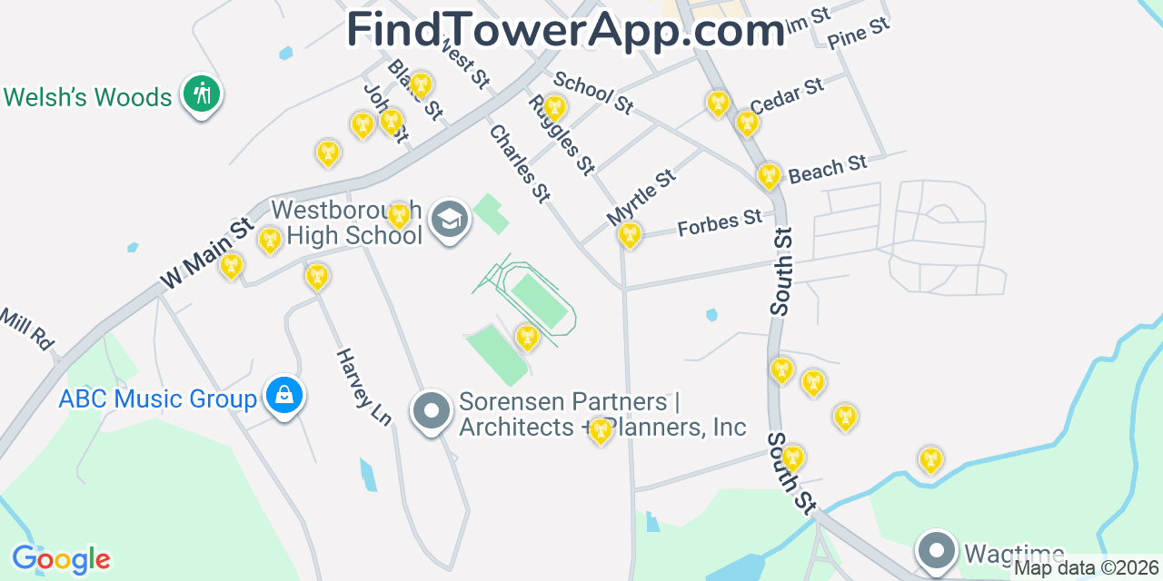 Map showing the 20 primary cell tower locations detected in Westborough, Massachusetts from AT&T, Verizon, and T-Mobile networks