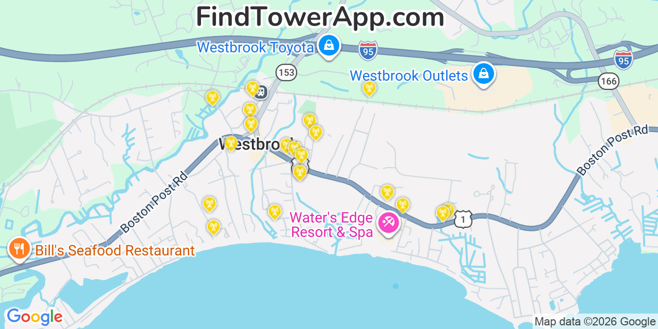 Map showing the 20 primary cell tower locations detected in Westbrook Center, Connecticut from AT&T, Verizon, and T-Mobile networks