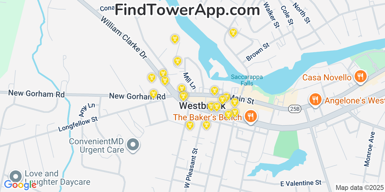 Map showing the 20 primary cell tower locations detected in Westbrook, Maine from AT&T, Verizon, and T-Mobile networks