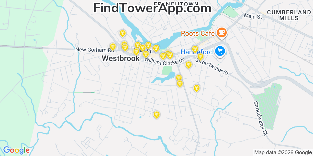 Map showing the 20 primary cell tower locations detected in Westbrook, Maine from AT&T, Verizon, and T-Mobile networks