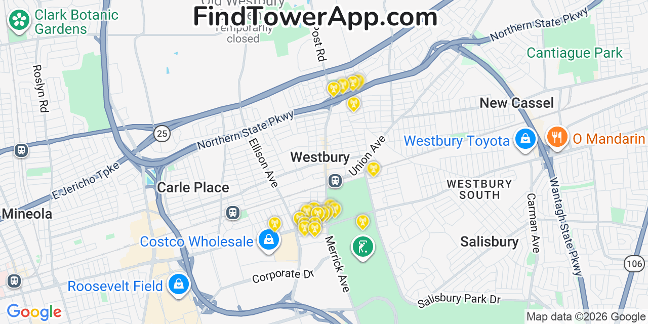 Map showing the 20 primary cell tower locations detected in Westbury, New York from AT&T, Verizon, and T-Mobile networks