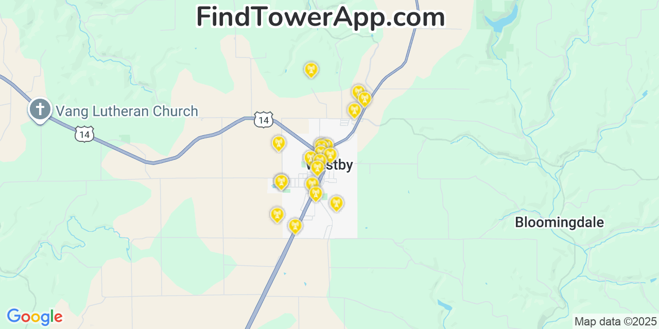 Map showing the 20 primary cell tower locations detected in Westby, Wisconsin from AT&T, Verizon, and T-Mobile networks