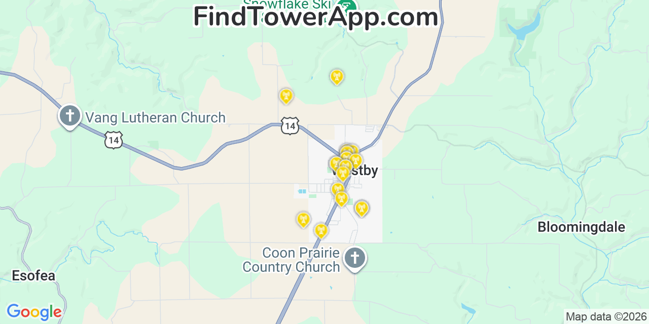 Map showing the 20 primary cell tower locations detected in Westby, Wisconsin from AT&T, Verizon, and T-Mobile networks
