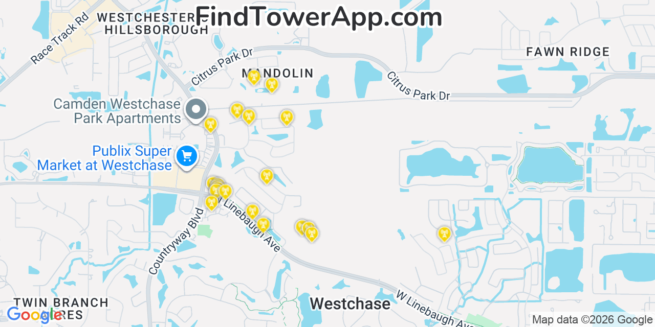 Map showing the 20 primary cell tower locations detected in Westchase, Florida from AT&T, Verizon, and T-Mobile networks