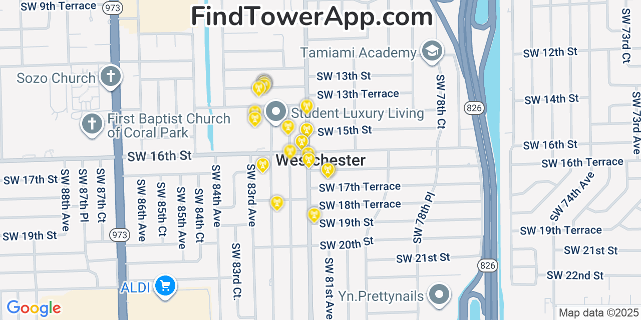 Map showing the 20 primary cell tower locations detected in Westchester, Florida from AT&T, Verizon, and T-Mobile networks
