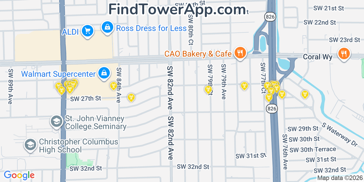 Map showing the 20 primary cell tower locations detected in Westchester, Florida from AT&T, Verizon, and T-Mobile networks