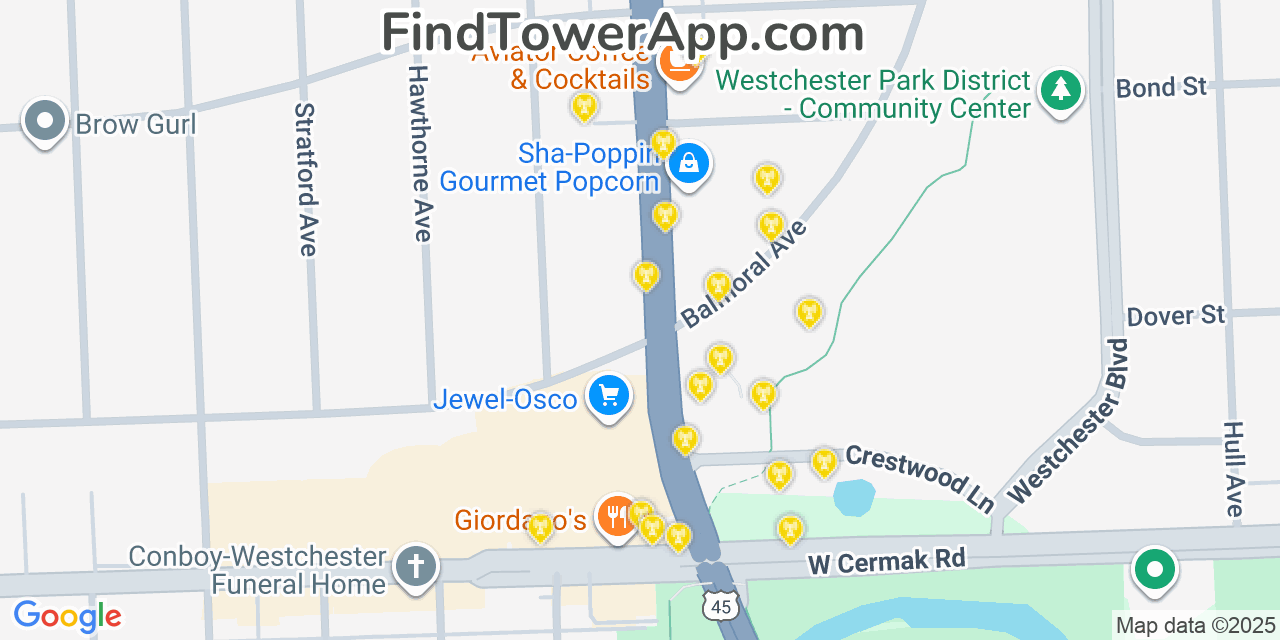 Map showing the 20 primary cell tower locations detected in Westchester, Illinois from AT&T, Verizon, and T-Mobile networks