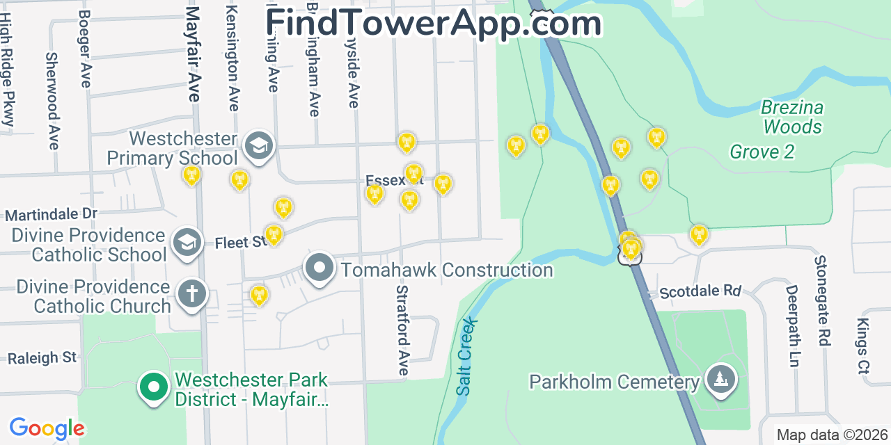 Map showing the 20 primary cell tower locations detected in Westchester, Illinois from AT&T, Verizon, and T-Mobile networks