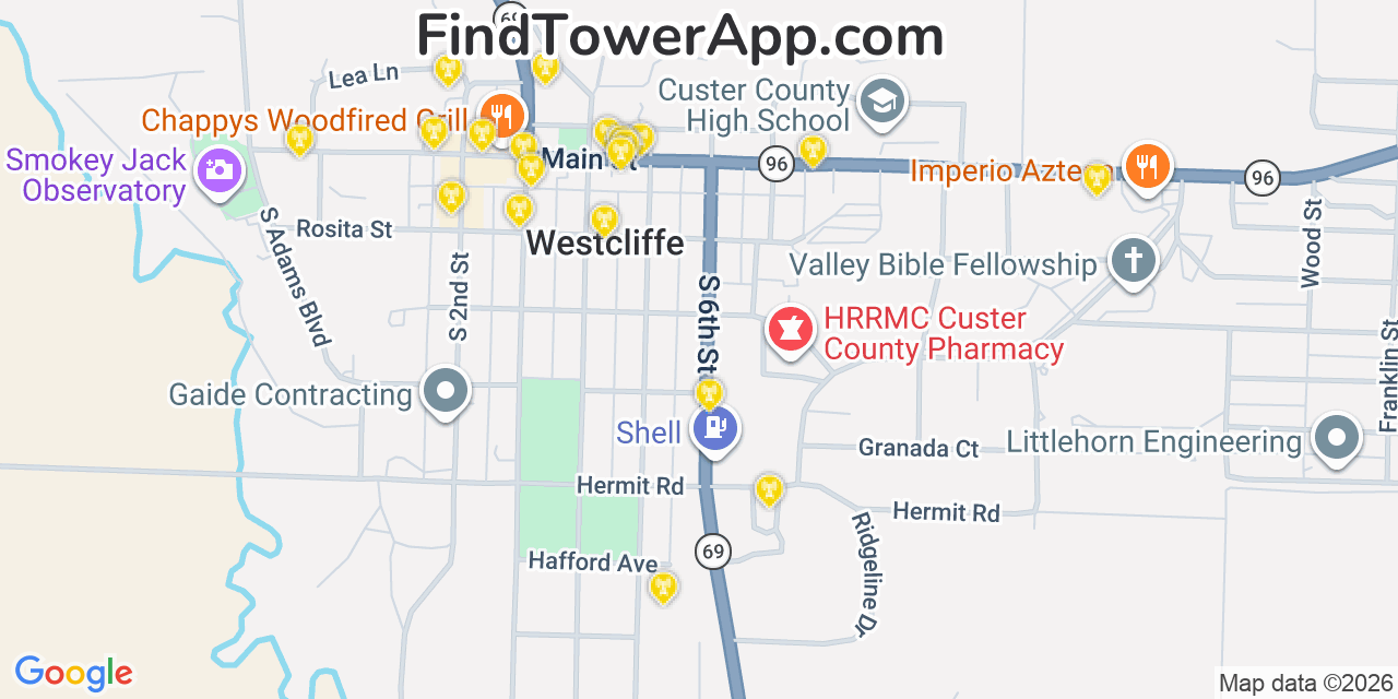 Map showing the 20 primary cell tower locations detected in Westcliffe, Colorado from AT&T, Verizon, and T-Mobile networks