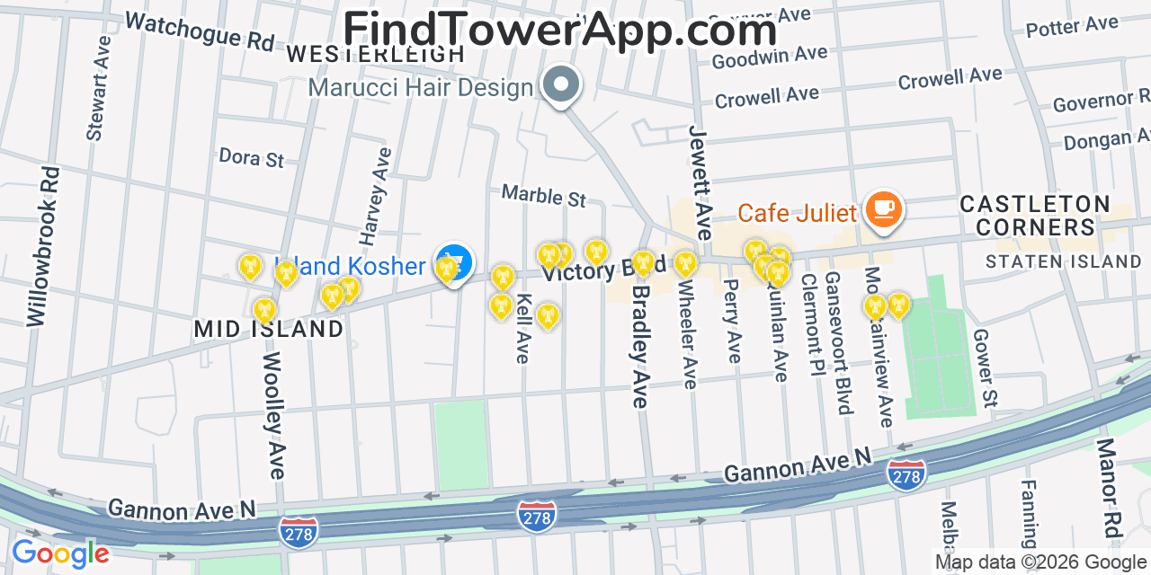 Map showing the 20 primary cell tower locations detected in Westerleigh, New York from AT&T, Verizon, and T-Mobile networks