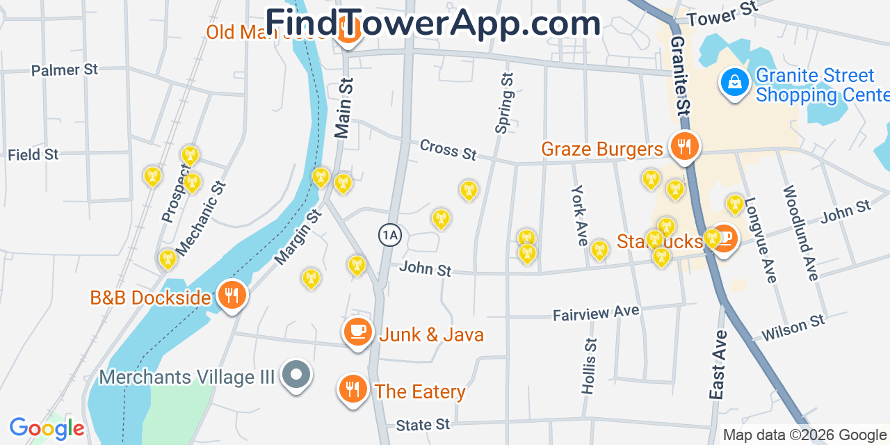 Map showing the 20 primary cell tower locations detected in Westerly, Rhode Island from AT&T, Verizon, and T-Mobile networks