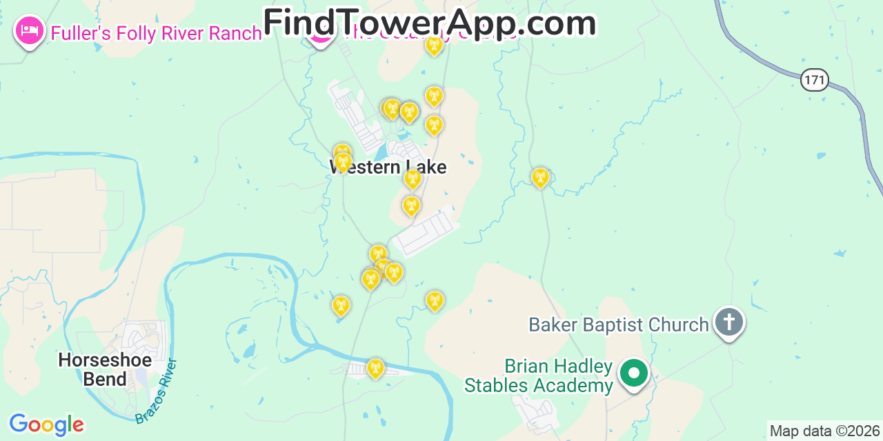 Map showing the 20 primary cell tower locations detected in Western Lake, Texas from AT&T, Verizon, and T-Mobile networks
