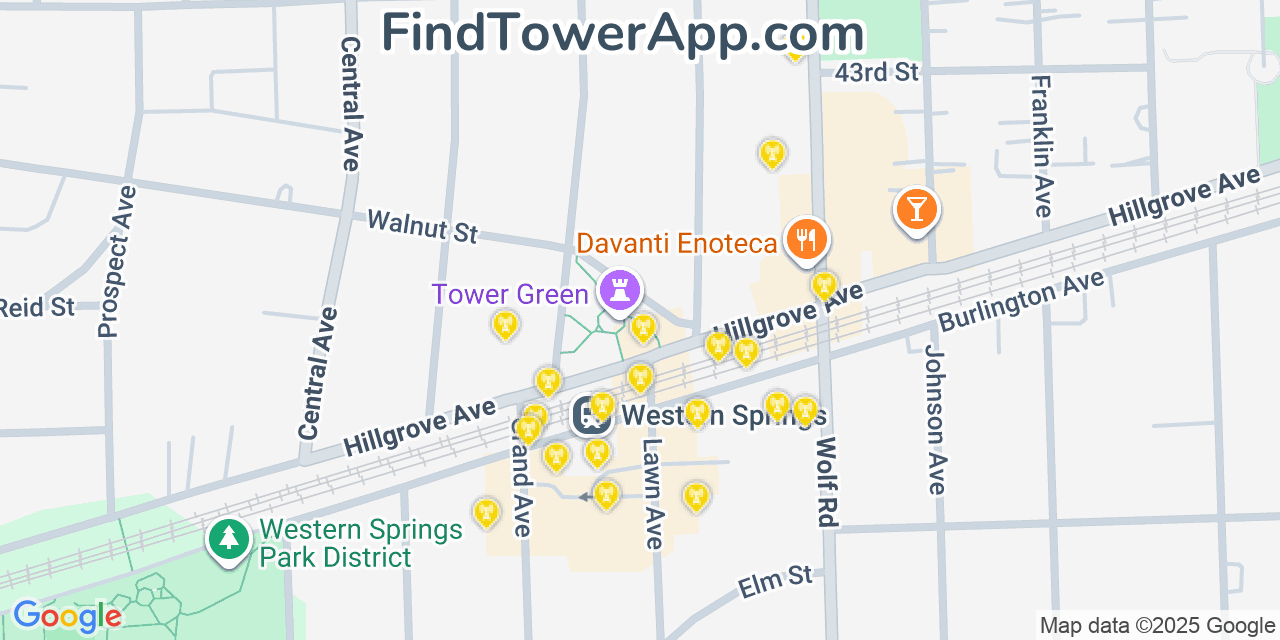 Map showing the 20 primary cell tower locations detected in Western Springs, Illinois from AT&T, Verizon, and T-Mobile networks
