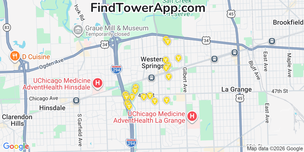 Map showing the 20 primary cell tower locations detected in Western Springs, Illinois from AT&T, Verizon, and T-Mobile networks
