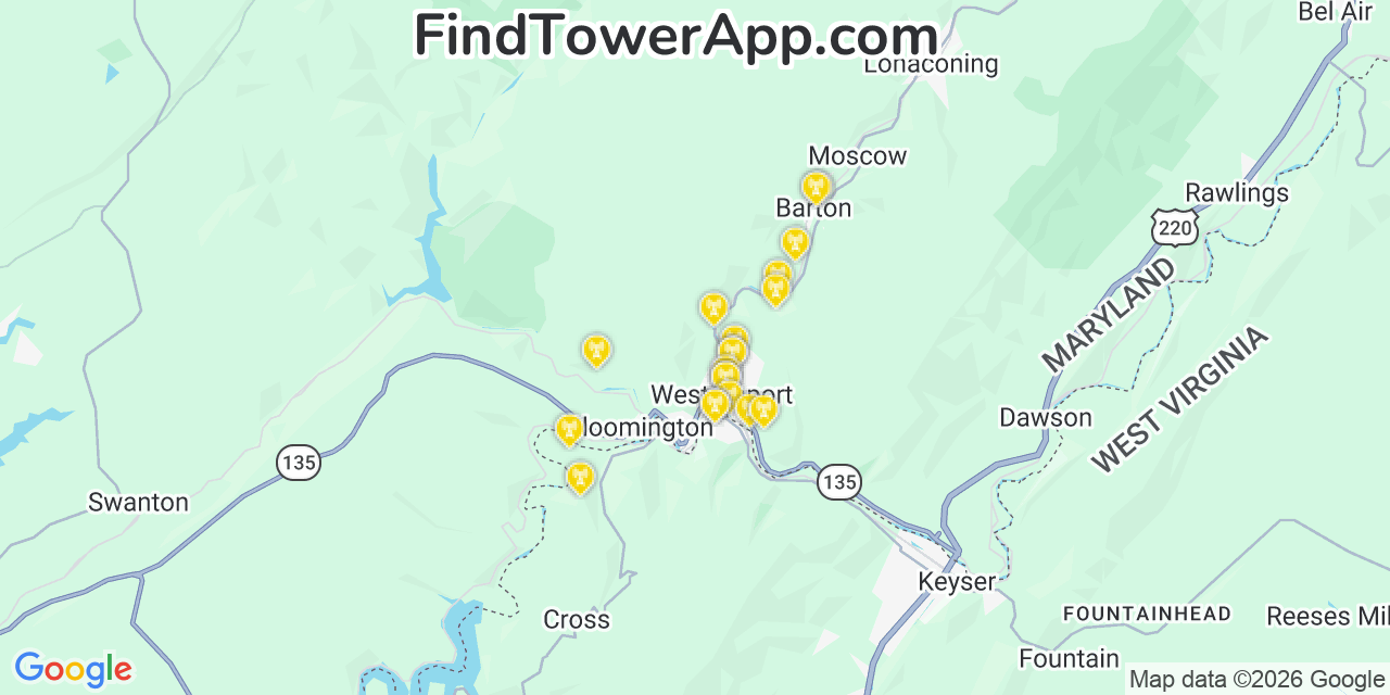 Map showing the 20 primary cell tower locations detected in Westernport, Maryland from AT&T, Verizon, and T-Mobile networks