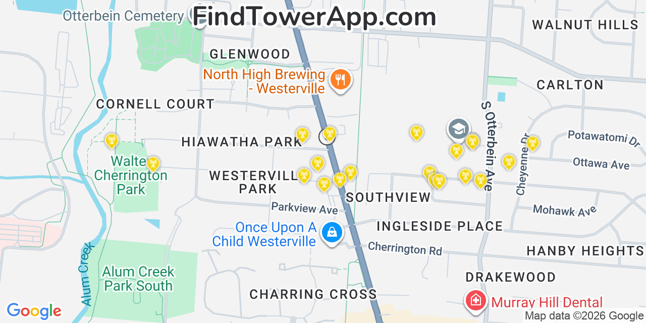 Map showing the 20 primary cell tower locations detected in Westerville, Ohio from AT&T, Verizon, and T-Mobile networks