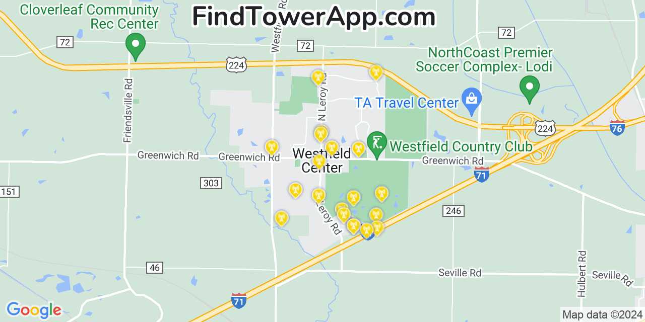 AT&T 4G/5G cell tower coverage map Westfield Center, Ohio