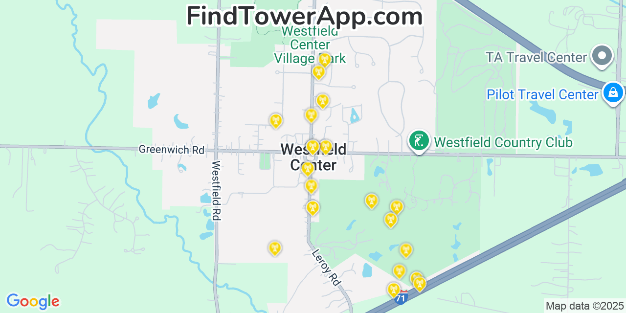 Map showing the 20 primary cell tower locations detected in Westfield Center, Ohio from AT&T, Verizon, and T-Mobile networks