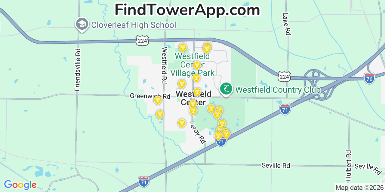 Map showing the 20 primary cell tower locations detected in Westfield Center, Ohio from AT&T, Verizon, and T-Mobile networks