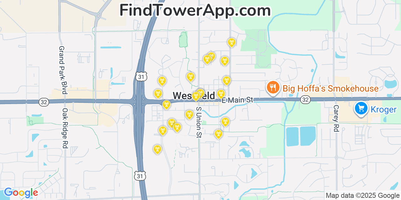 Map showing the 20 primary cell tower locations detected in Westfield, Indiana from AT&T, Verizon, and T-Mobile networks