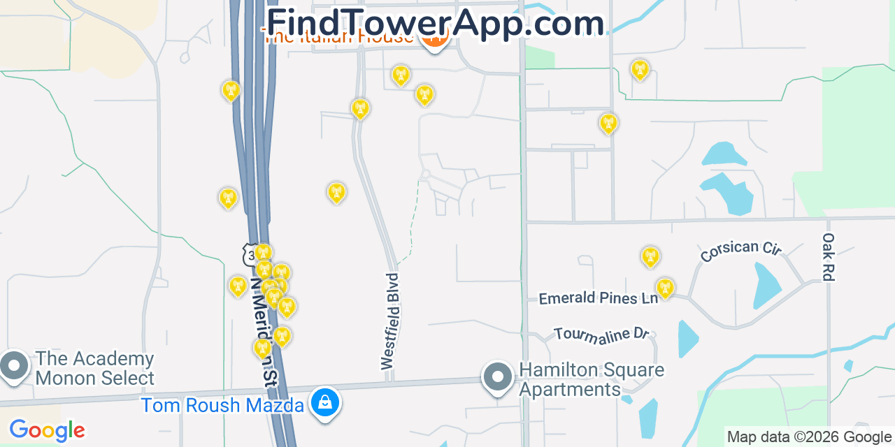 Map showing the 20 primary cell tower locations detected in Westfield, Indiana from AT&T, Verizon, and T-Mobile networks