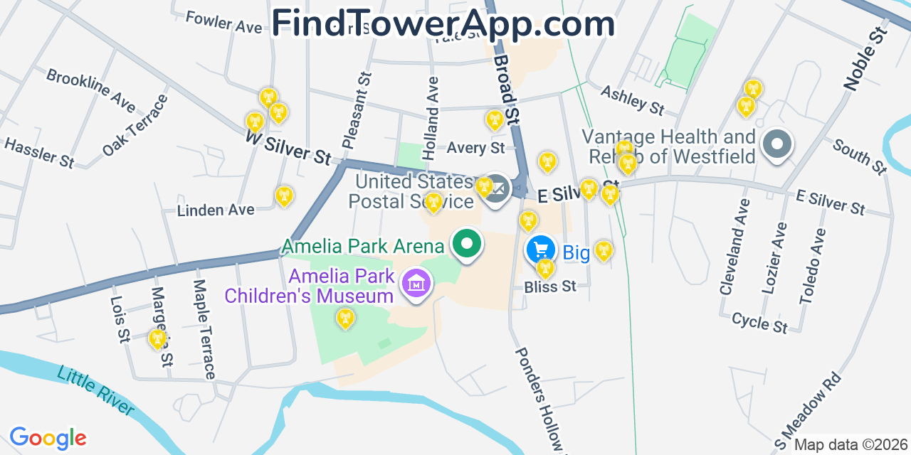 Map showing the 20 primary cell tower locations detected in Westfield, Massachusetts from AT&T, Verizon, and T-Mobile networks