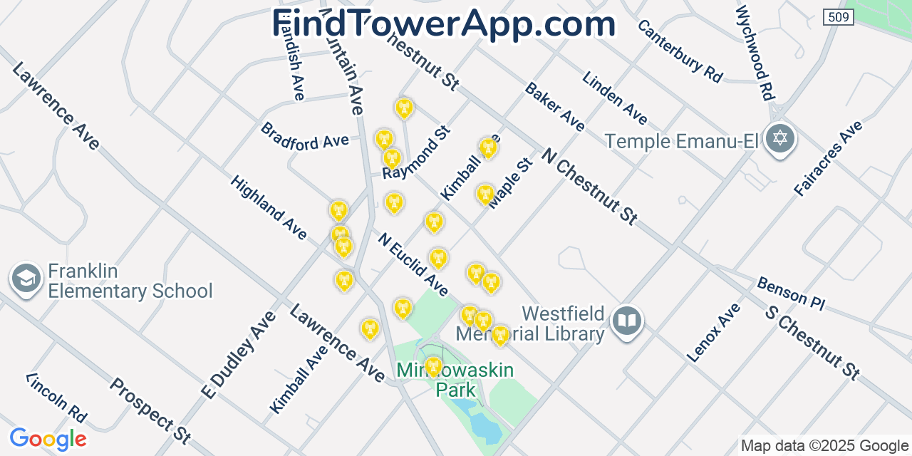 Map showing the 20 primary cell tower locations detected in Westfield, New Jersey from AT&T, Verizon, and T-Mobile networks