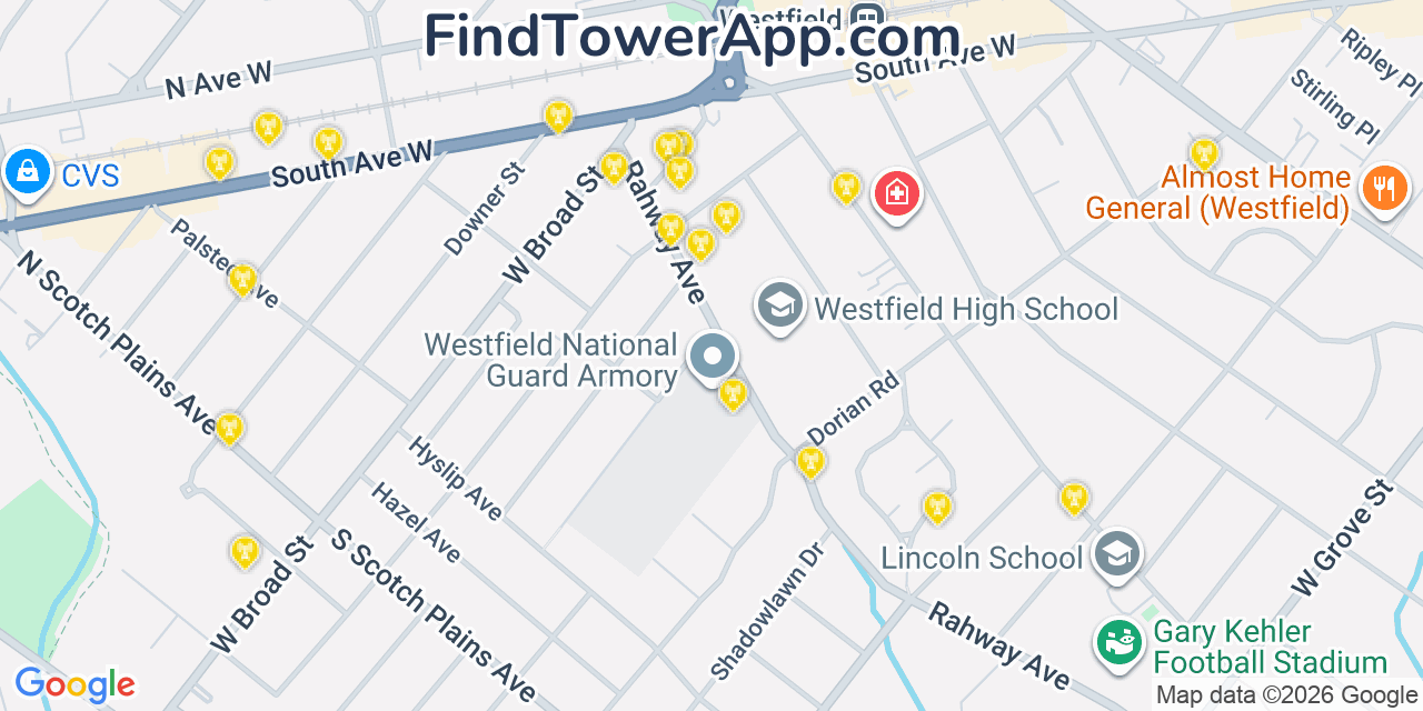 Map showing the 20 primary cell tower locations detected in Westfield, New Jersey from AT&T, Verizon, and T-Mobile networks
