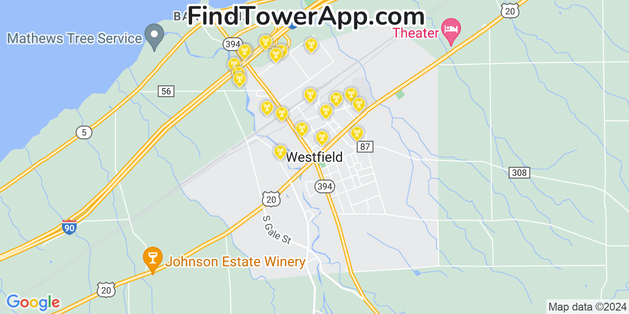 AT&T 4G/5G cell tower coverage map Westfield, New York