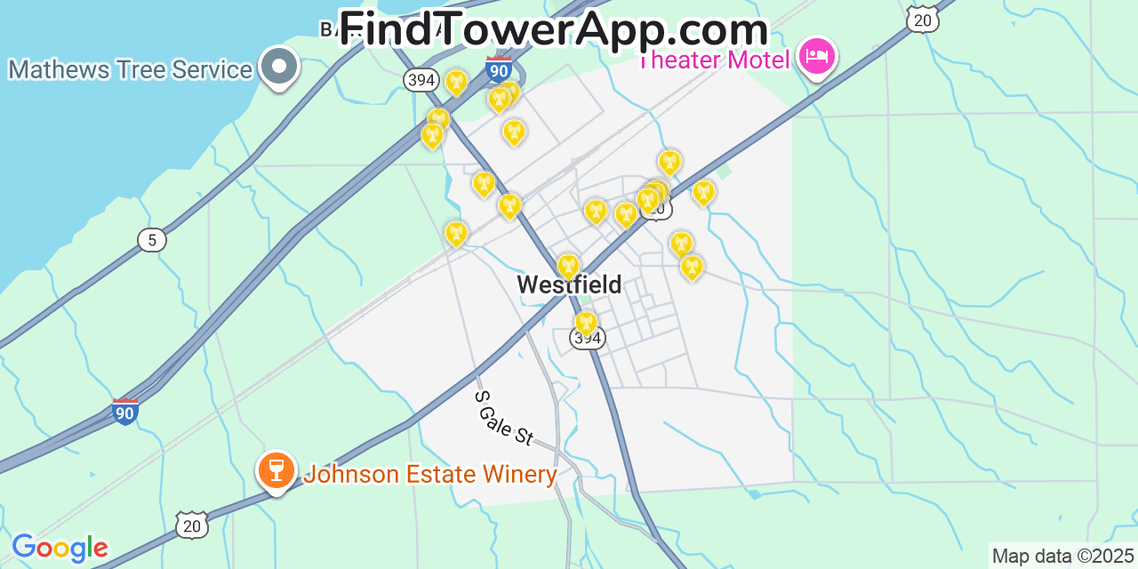 Map showing the 20 primary cell tower locations detected in Westfield, New York from AT&T, Verizon, and T-Mobile networks