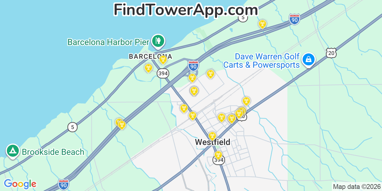 Map showing the 20 primary cell tower locations detected in Westfield, New York from AT&T, Verizon, and T-Mobile networks