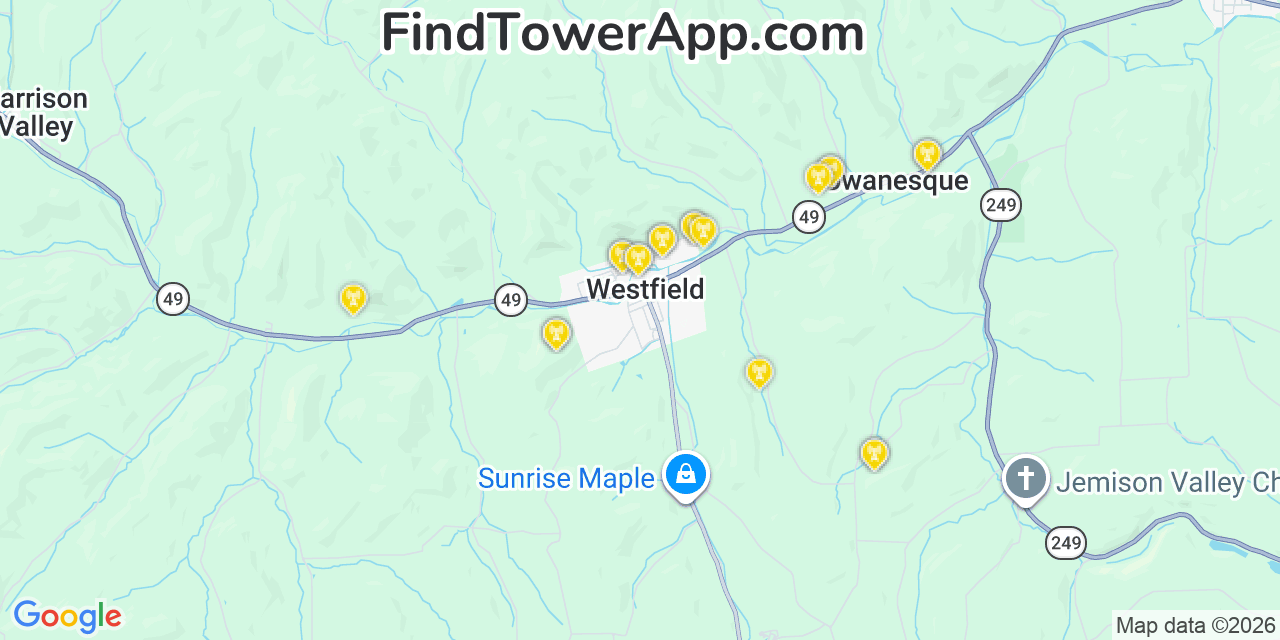 Map showing the 20 primary cell tower locations detected in Westfield, Pennsylvania from AT&T, Verizon, and T-Mobile networks