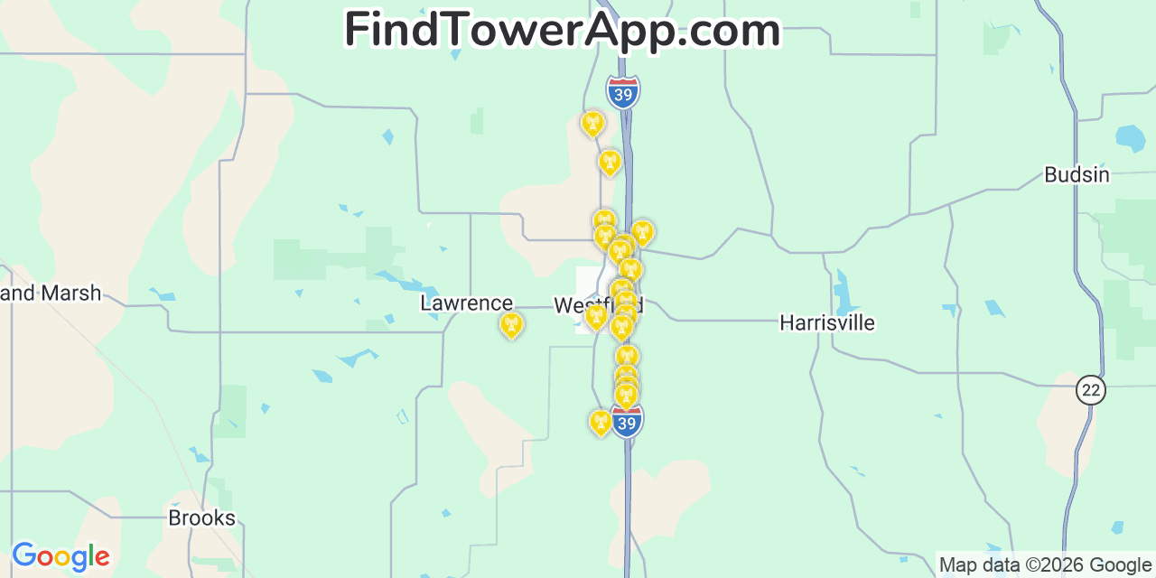 Map showing the 20 primary cell tower locations detected in Westfield, Wisconsin from AT&T, Verizon, and T-Mobile networks