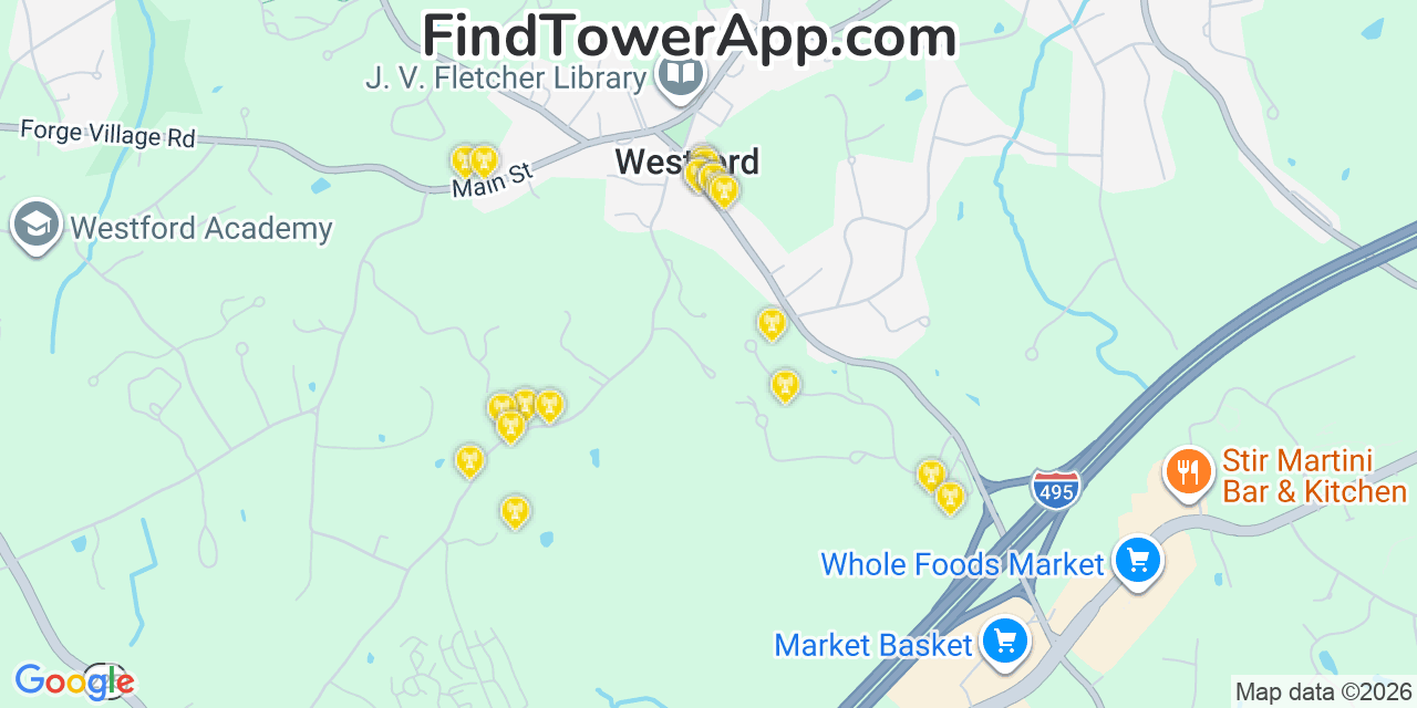 Map showing the 20 primary cell tower locations detected in Westford, Massachusetts from AT&T, Verizon, and T-Mobile networks